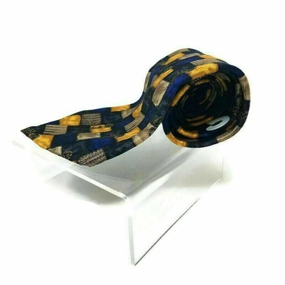 Manzoni Mens Necktie Multicolor Blue Patchwork 100% Silk Classic Tie 59"L - Picture 4 of 7